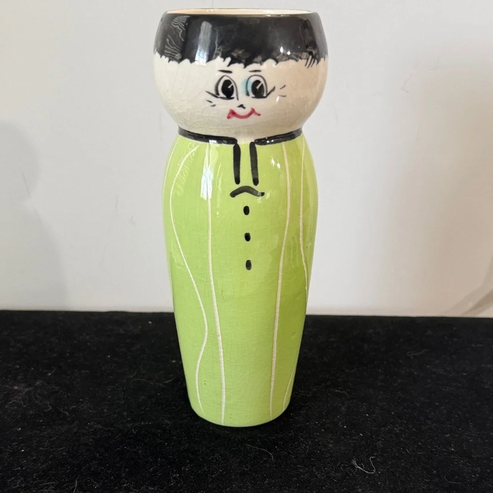 Hand-Painted Green Ceramic Painted Asian boy Vase